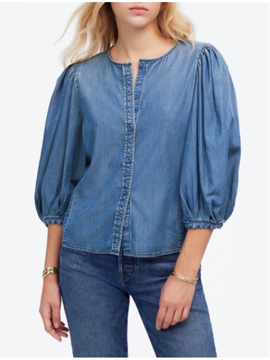 Madewell Tops - Women's Madewell Denim Blouse Size 2 Blue Puff Sleeve Button Down
